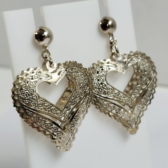 VTG NIB 3.48g 925 Retro "Puffed" Thin Silver Filigree Open Drop Stud Earrings - Picture 5 of 15